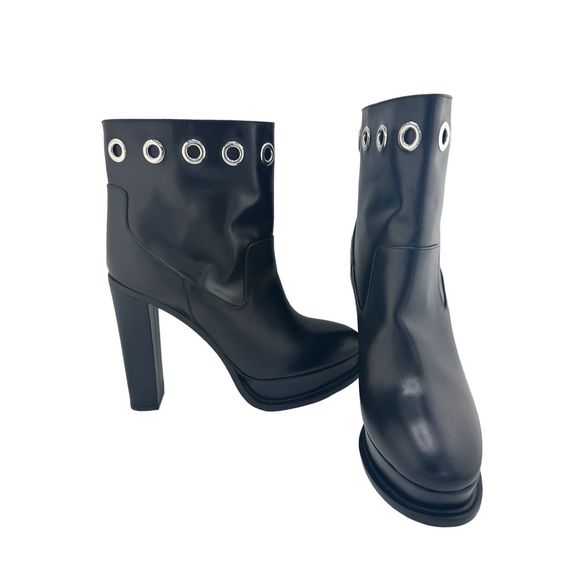 Alexander‎ McQueen Eyelet Black Leather Platform Heeled Boots EU 41.5 Unisex - Picture 1 of 15